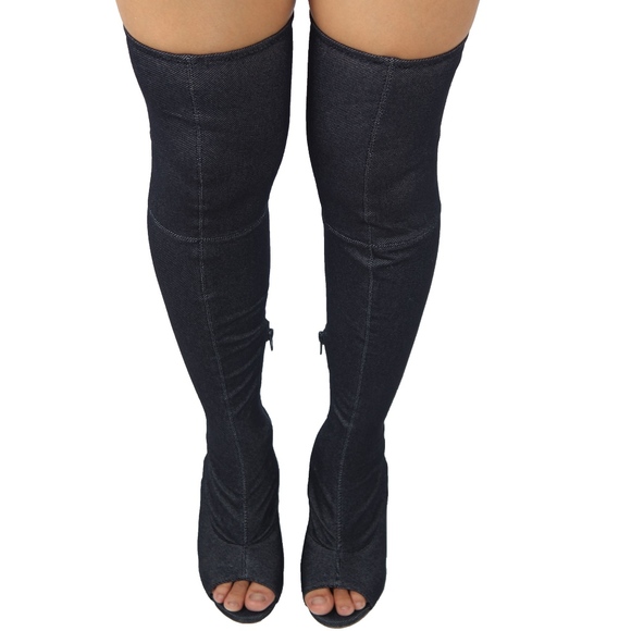 Blue Denim Over the Knee Back Tie Block Heel Boot - Picture 7 of 7